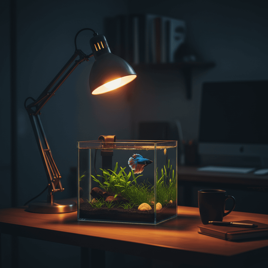 Betta fish in a small desktop aquarium in a Bloomington office or home