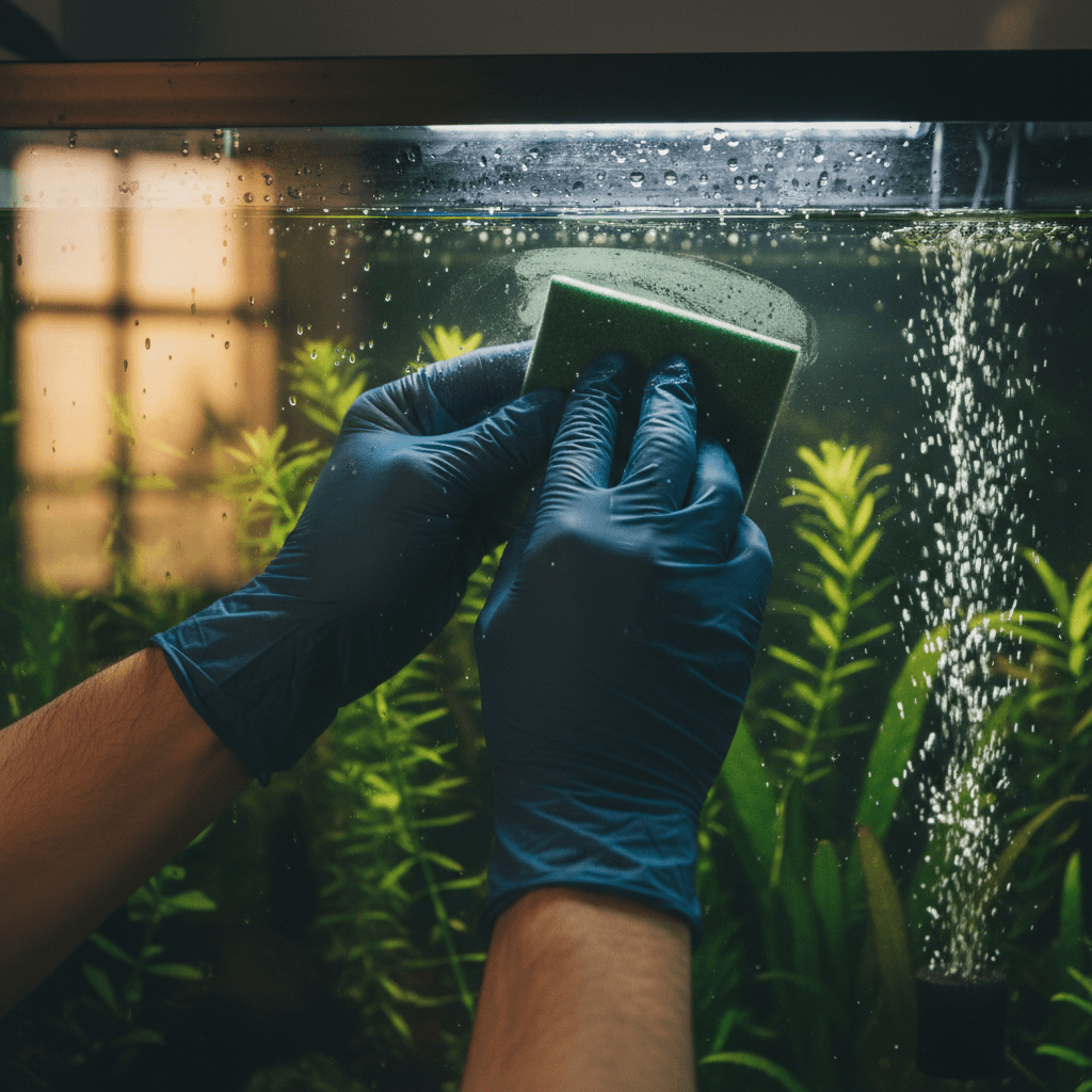 A warm, documentary-style close-up shot of gloved hands carefully wiping algae from the inside of an aquarium glass using a specialized algae pad.