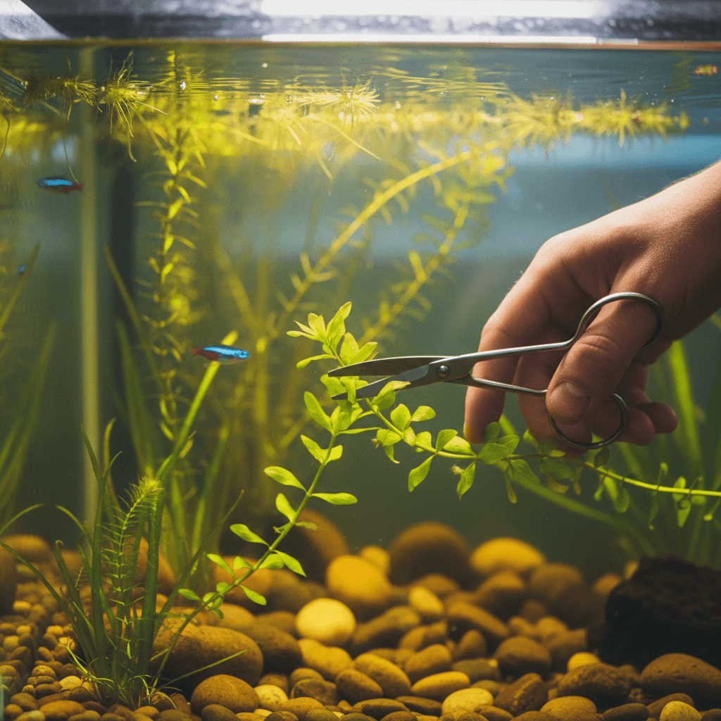 Hand trimming plants in a freshwater aquarium