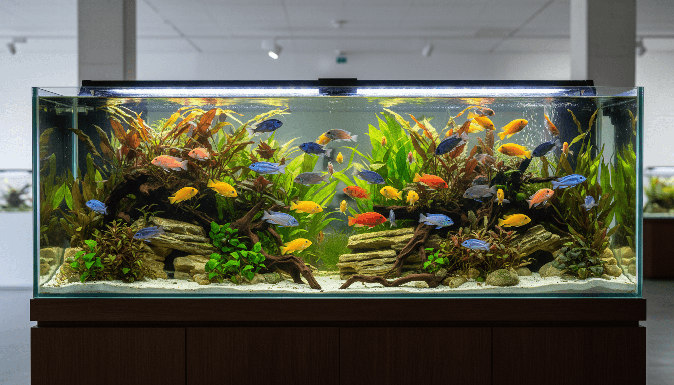Professionally curated exotic aquarium display with colorful rare fish species and aquatic plants in gallery-style lighting setup